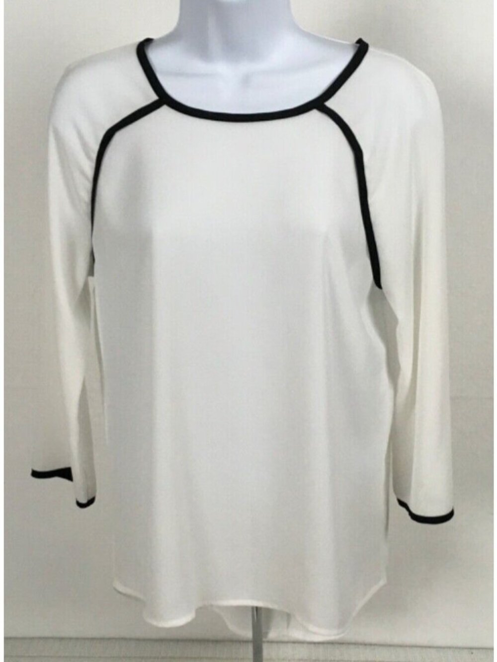 Wassio Top Women Size SP White with Black Trim Semi Sheer Round Neckline Blouse